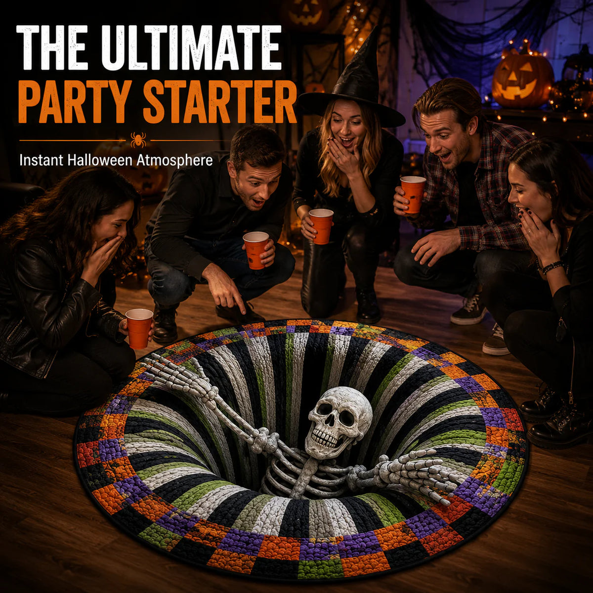 🔥 50% OFF TODAY 🎃Shock Your Guests with 3D Skeleton Vortex Quilted Round Halloween Rug 💀