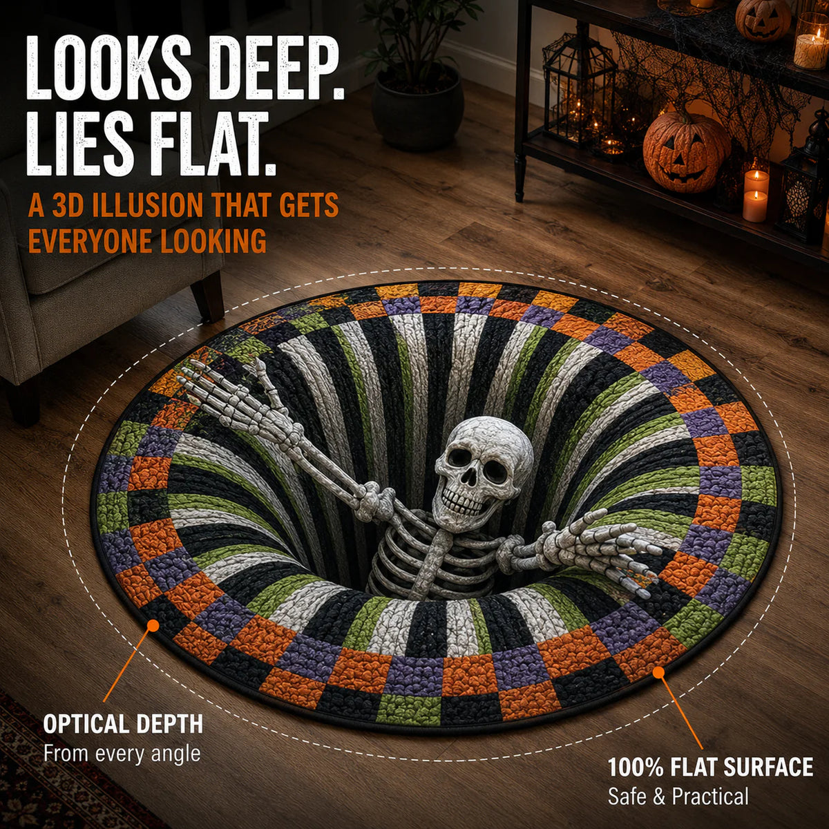 🔥 50% OFF TODAY 🎃Shock Your Guests with 3D Skeleton Vortex Quilted Round Halloween Rug 💀