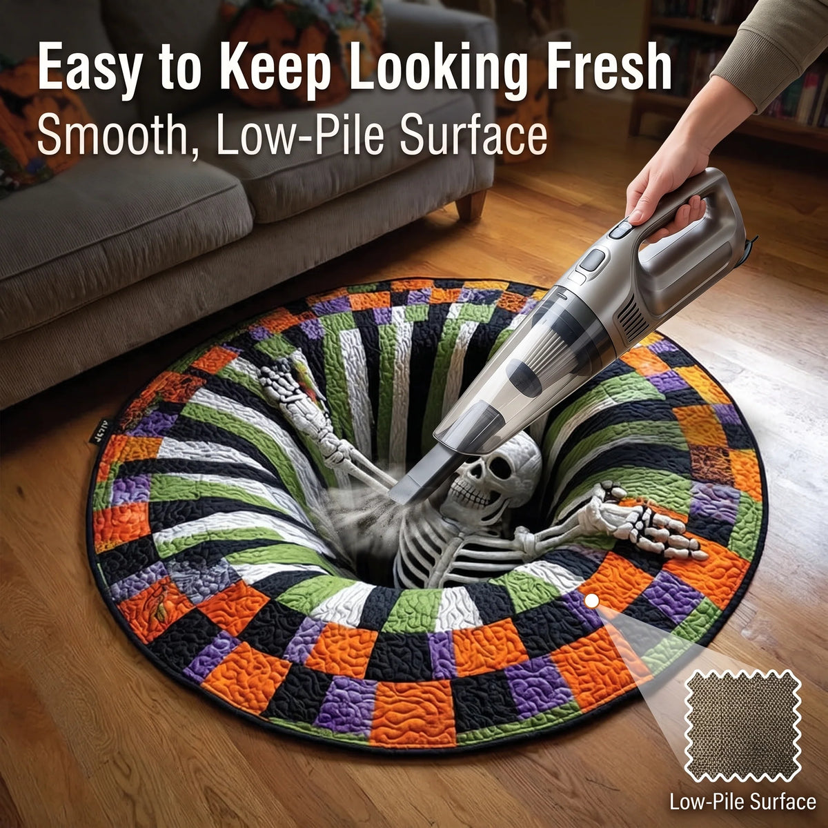 🔥 50% OFF TODAY 🎃Shock Your Guests with 3D Skeleton Vortex Quilted Round Halloween Rug 💀