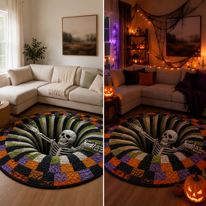 🔥 50% OFF TODAY 🎃Shock Your Guests with 3D Skeleton Vortex Quilted Round Halloween Rug 💀