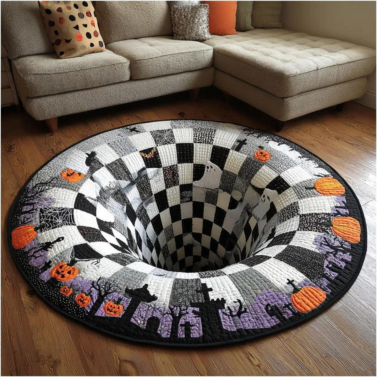 🔥 50% OFF TODAY 🎃Shock Your Guests with 3D Skeleton Vortex Quilted Round Halloween Rug 💀