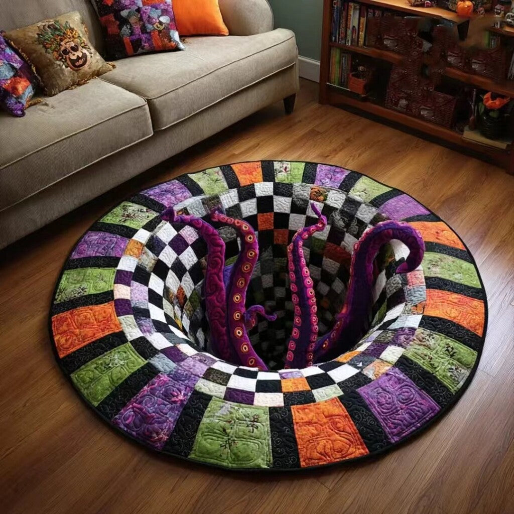 🔥 50% OFF TODAY 🎃Shock Your Guests with 3D Skeleton Vortex Quilted Round Halloween Rug 💀