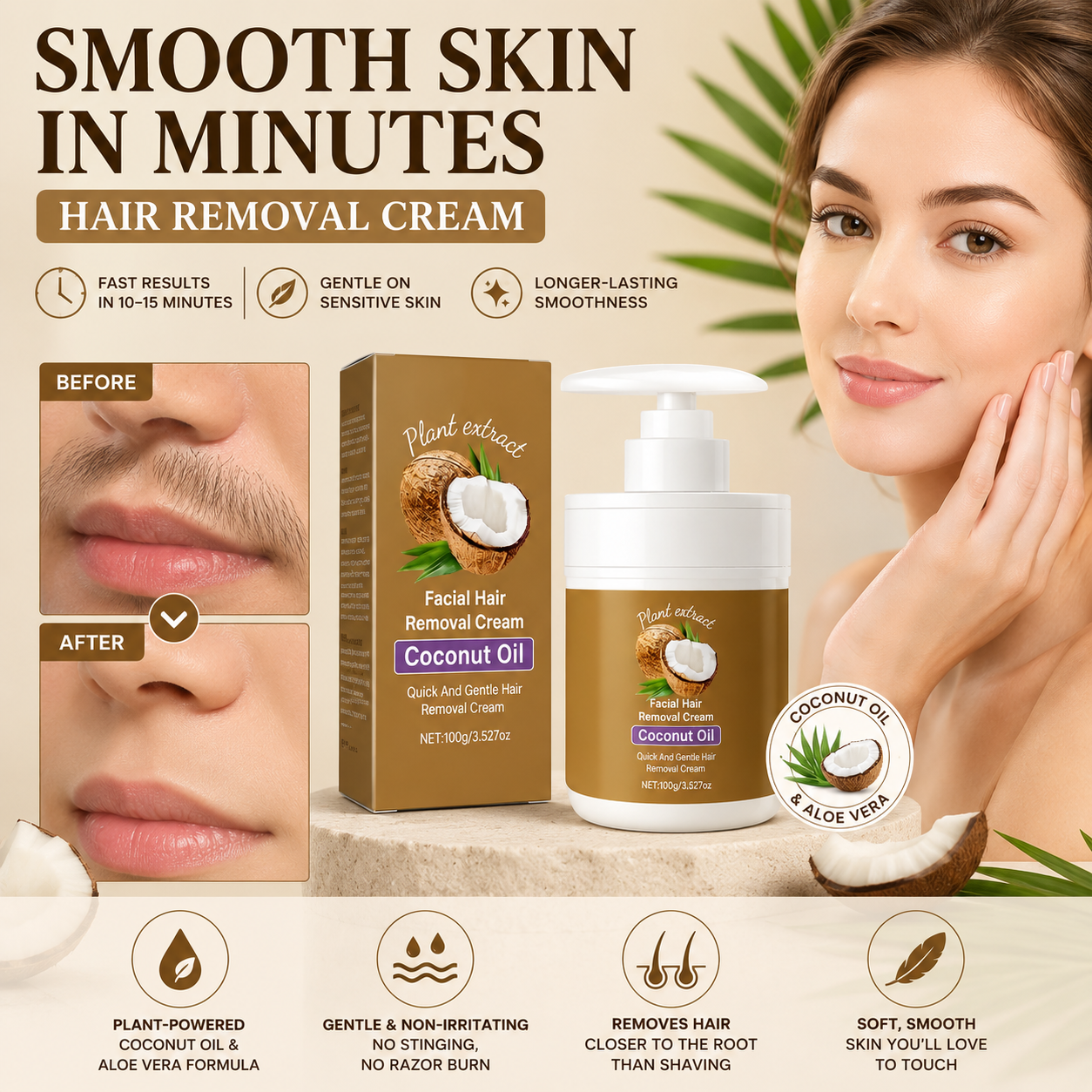 ⏰ FLASH SALE: 60% OFF 🔥 Coconut Oil Facial Hair Removal Cream