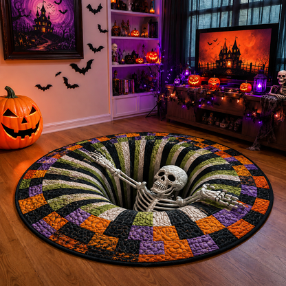 🔥 50% OFF TODAY 🎃Shock Your Guests with 3D Skeleton Vortex Quilted Round Halloween Rug 💀