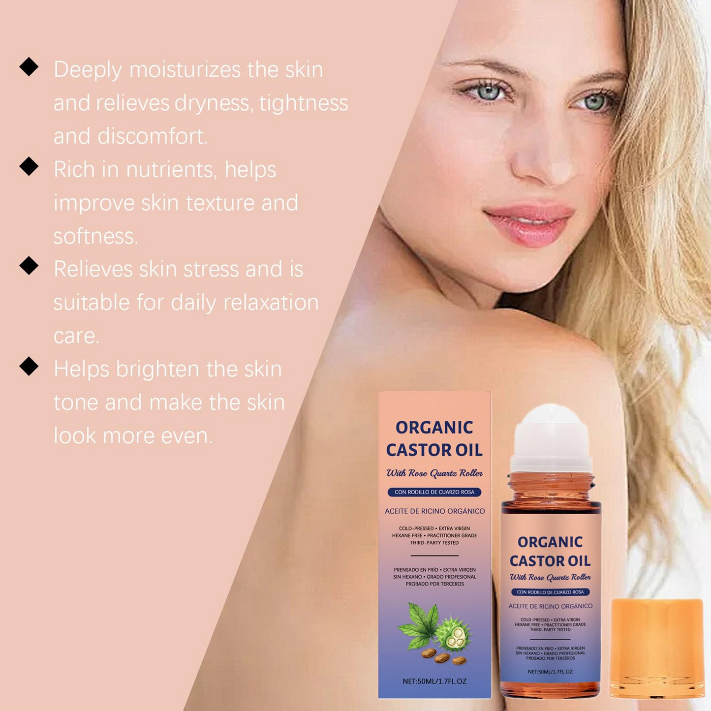 Last Day Promotion 60% OFF🔥Organic Golden Castor Oil Roll-On with Rose Quartz